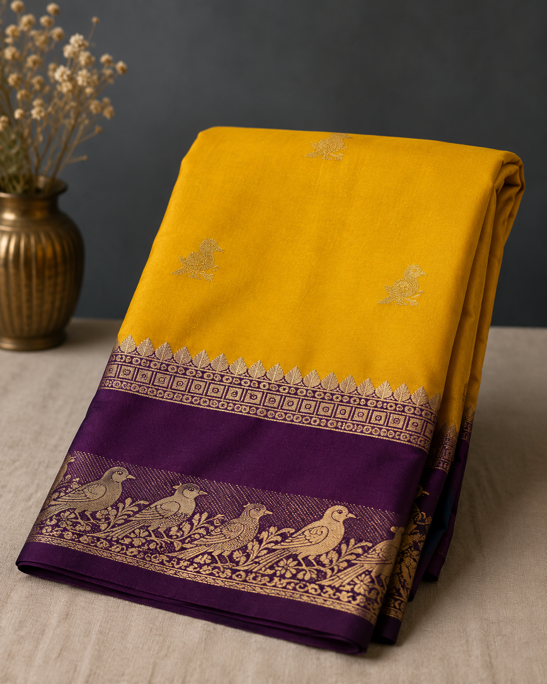Premium Semi Mysore Silk with Golden Birds Border